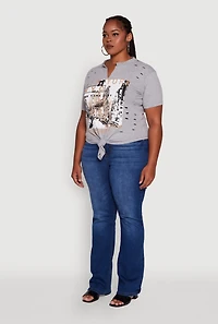 Womens Plus Size NYC Graphic Print Knot Front T-Shirt, Grey, Size 1X