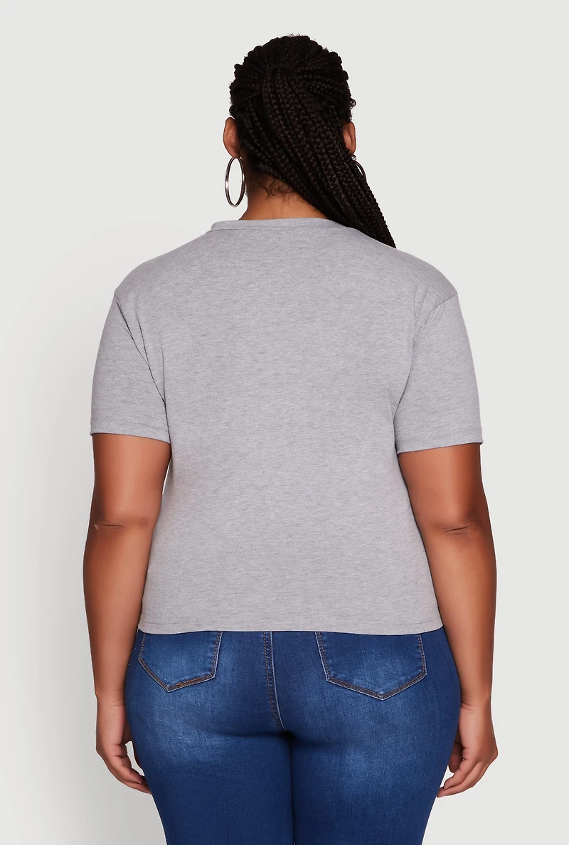 Womens Plus Size NYC Graphic Print Knot Front T-Shirt, Grey, Size 1X
