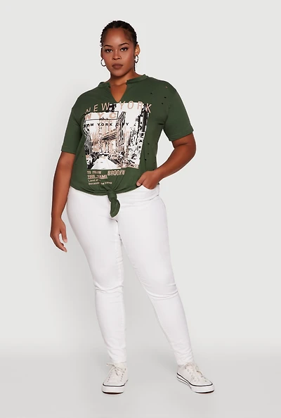 Womens Plus NYC Graphic Print Knot Front T-Shirt,