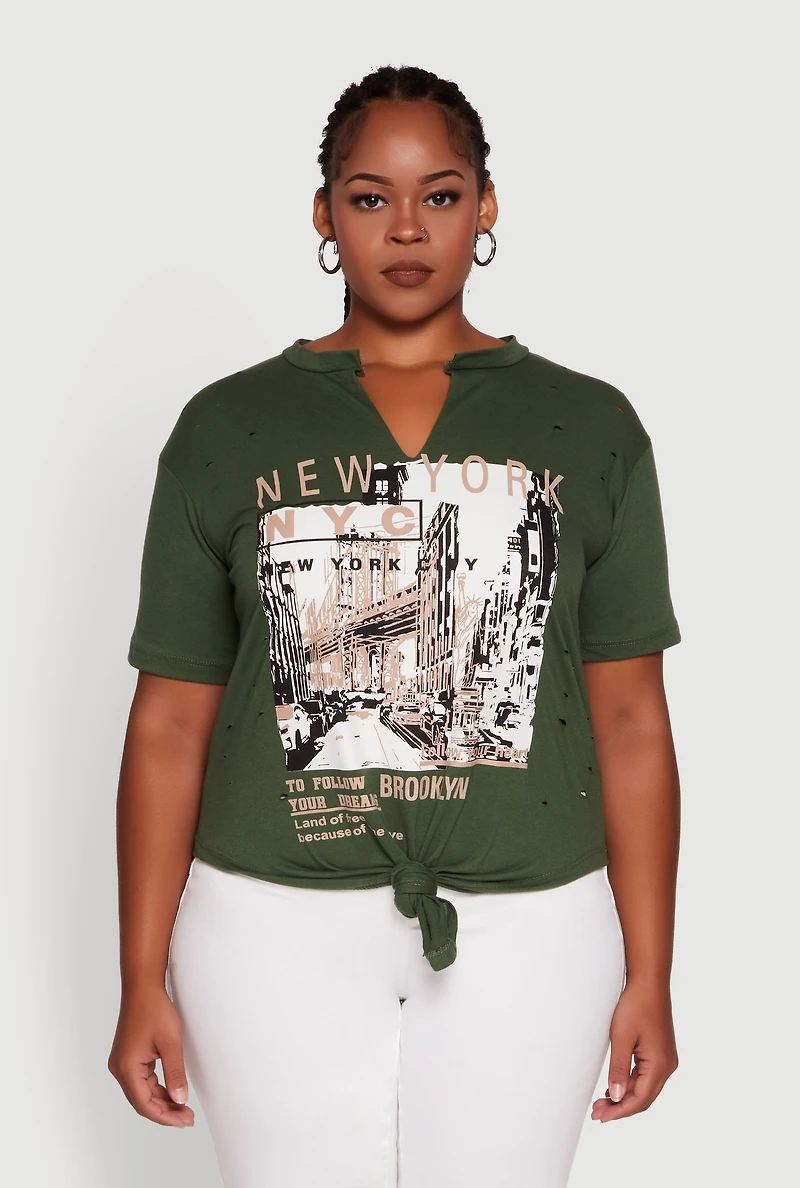 Womens Plus Size NYC Graphic Print Knot Front T-Shirt, Green, Size 2X