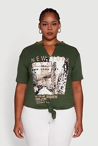 Womens Plus NYC Graphic Print Knot Front T-Shirt,