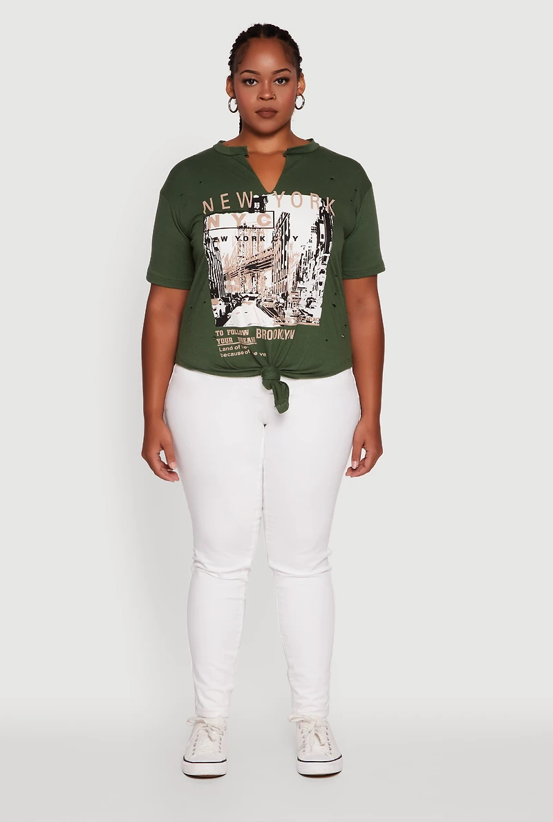 Womens Plus NYC Graphic Print Knot Front T-Shirt,