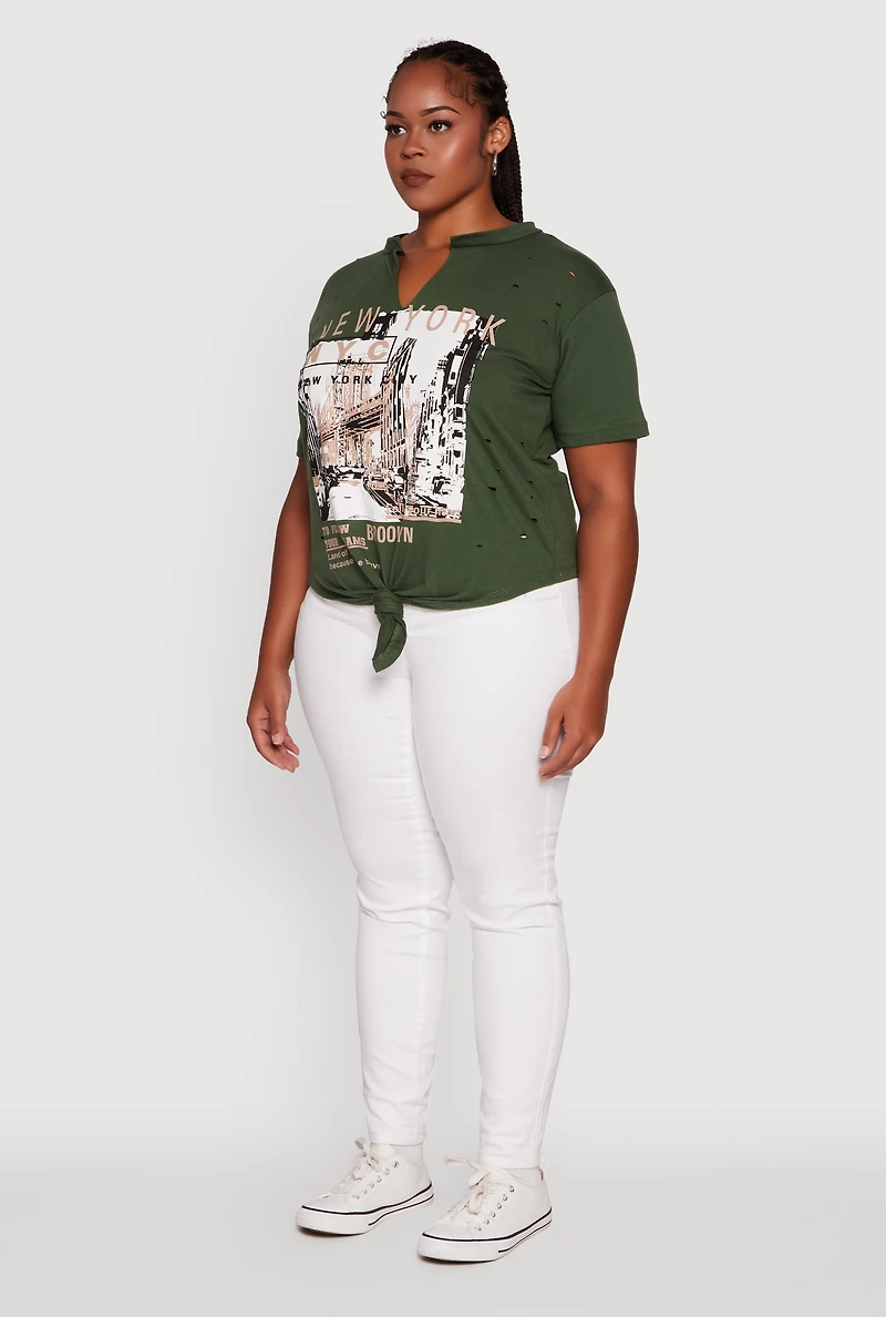 Womens Plus NYC Graphic Print Knot Front T-Shirt,