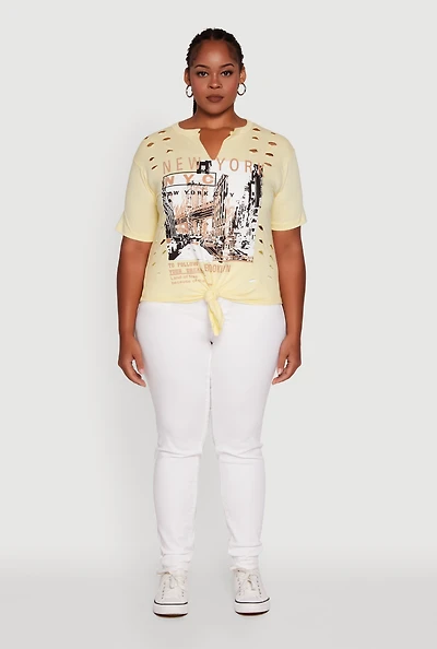 Womens Plus Size NYC Graphic Print Knot Front T-Shirt, Yellow, Size 2X