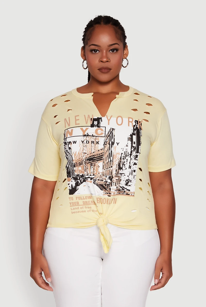Womens Plus Size NYC Graphic Print Knot Front T-Shirt, Yellow, Size 2X