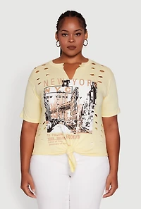 Womens Plus Size NYC Graphic Print Knot Front T-Shirt, Yellow, Size 2X