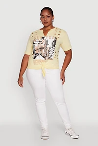 Womens Plus Size NYC Graphic Print Knot Front T-Shirt, Yellow, Size 2X