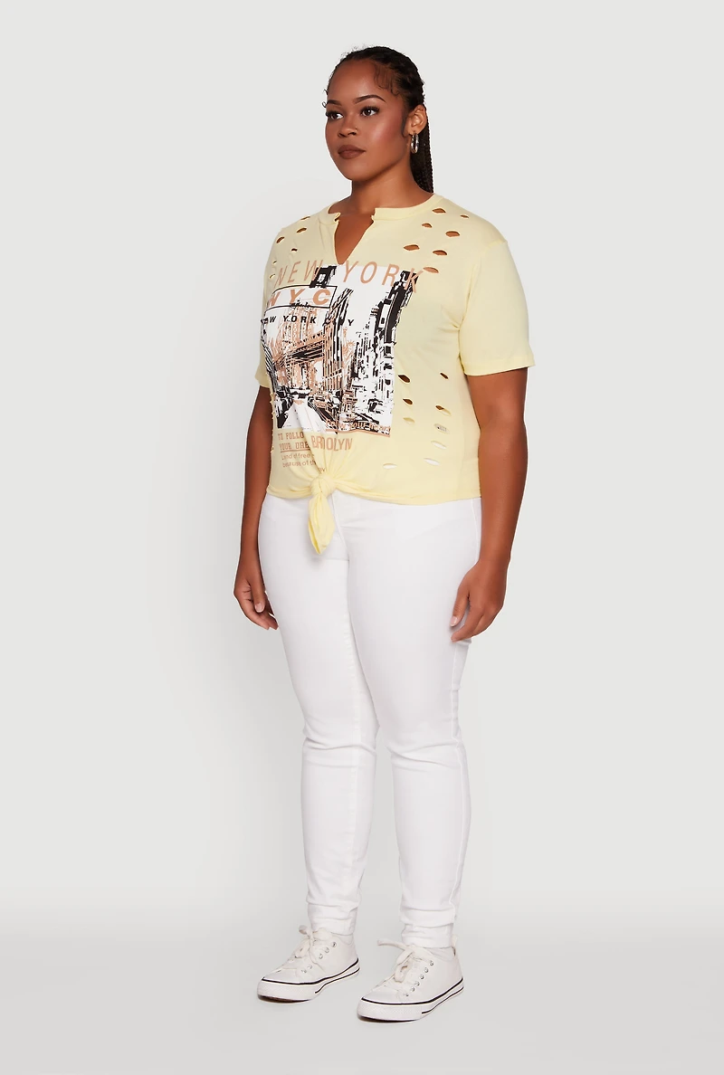 Womens Plus Size NYC Graphic Print Knot Front T-Shirt, Yellow, Size 2X