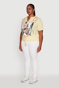 Womens Plus Size NYC Graphic Print Knot Front T-Shirt, Yellow, Size 2X