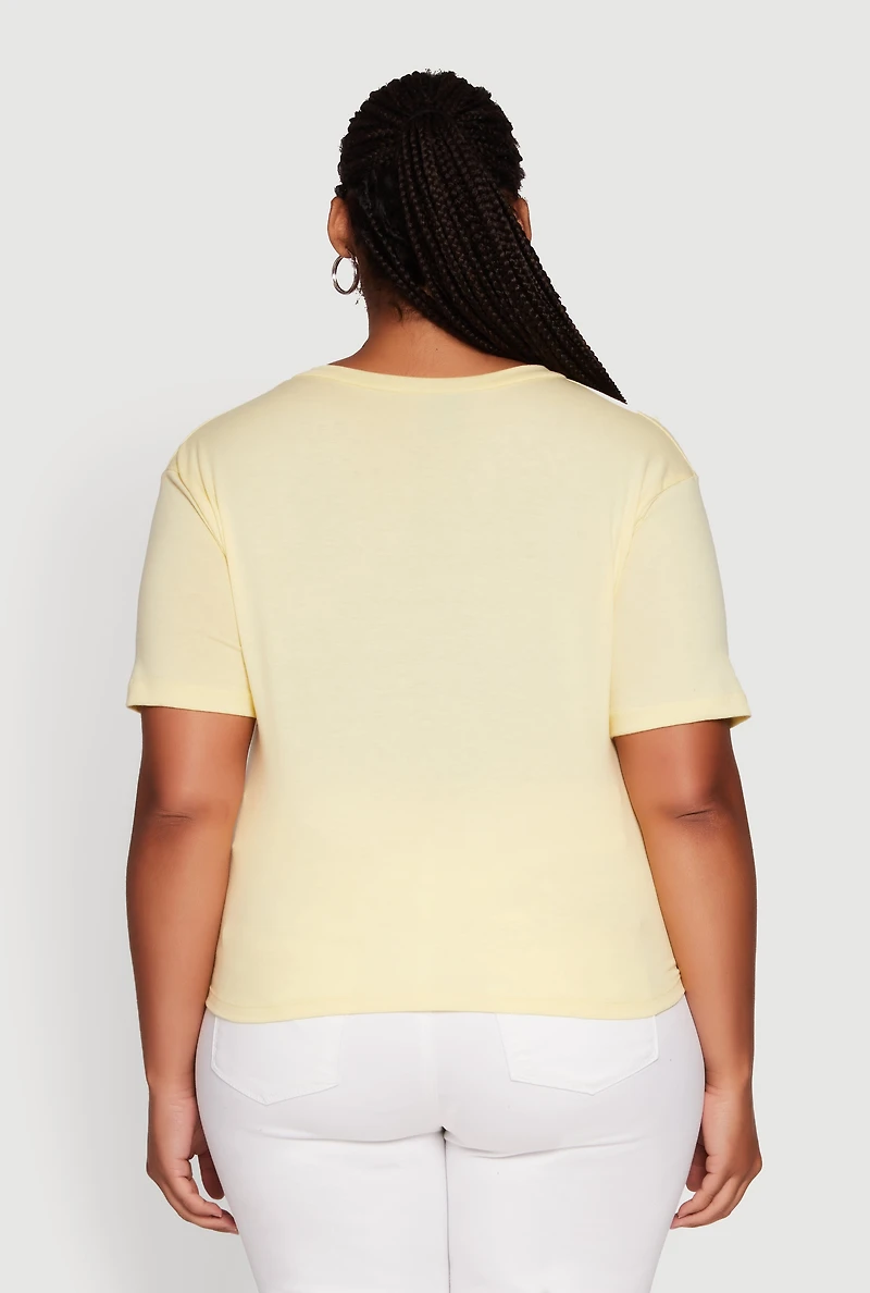 Womens Plus Size NYC Graphic Print Knot Front T-Shirt, Yellow, Size 2X