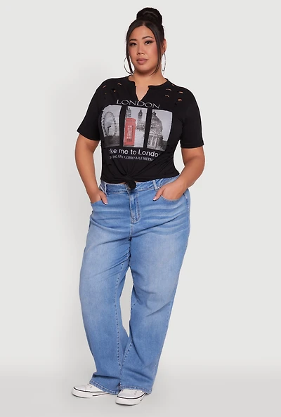 Womens Plus Size London Graphic Print Knot Front T-Shirt, Black, Size 3X
