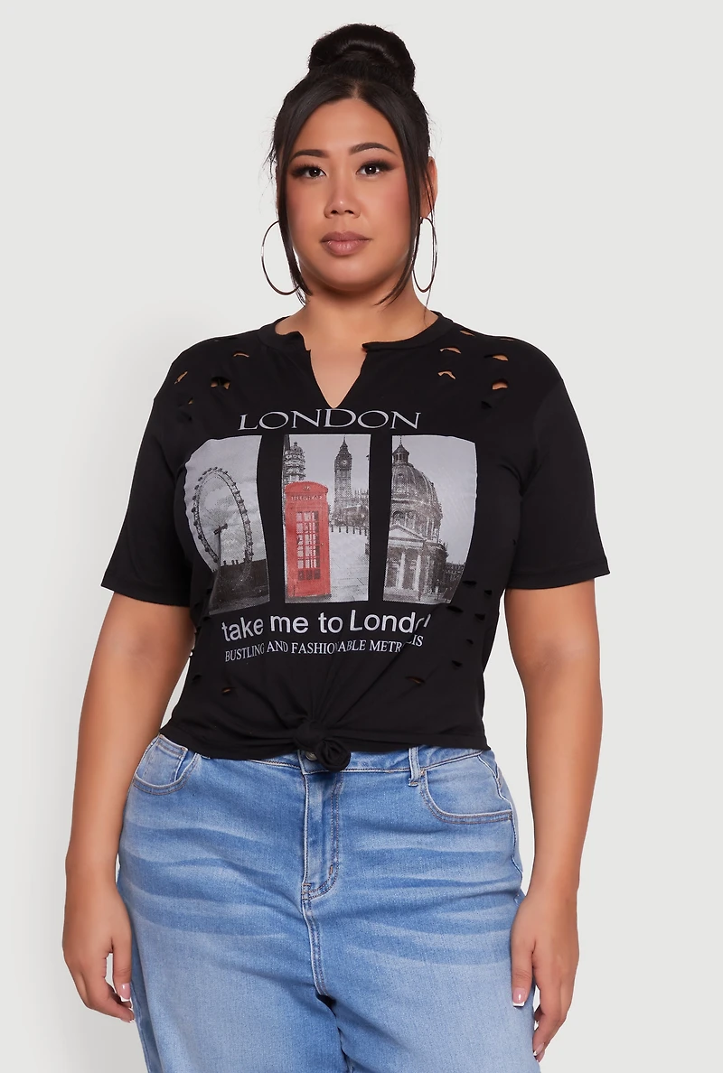 Womens Plus Size London Graphic Print Knot Front T-Shirt, Black, Size 3X
