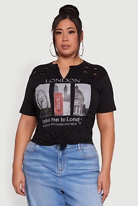 Womens Plus Size London Graphic Print Knot Front T-Shirt, Black, Size 3X