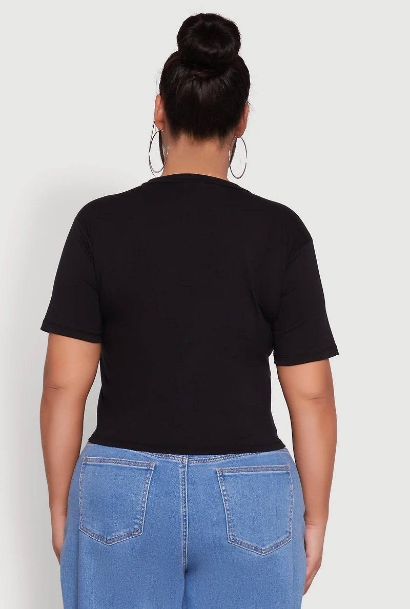 Womens Plus Size London Graphic Print Knot Front T-Shirt, Black, Size 3X