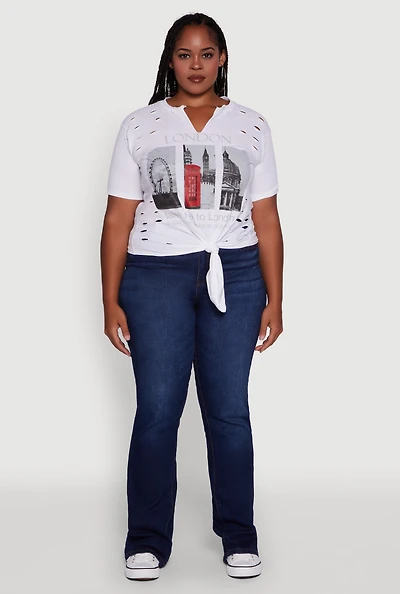 Womens Plus Size London Graphic Print Knot Front T-Shirt, White, Size 1X