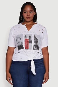 Womens Plus Size London Graphic Print Knot Front T-Shirt, White, Size 1X