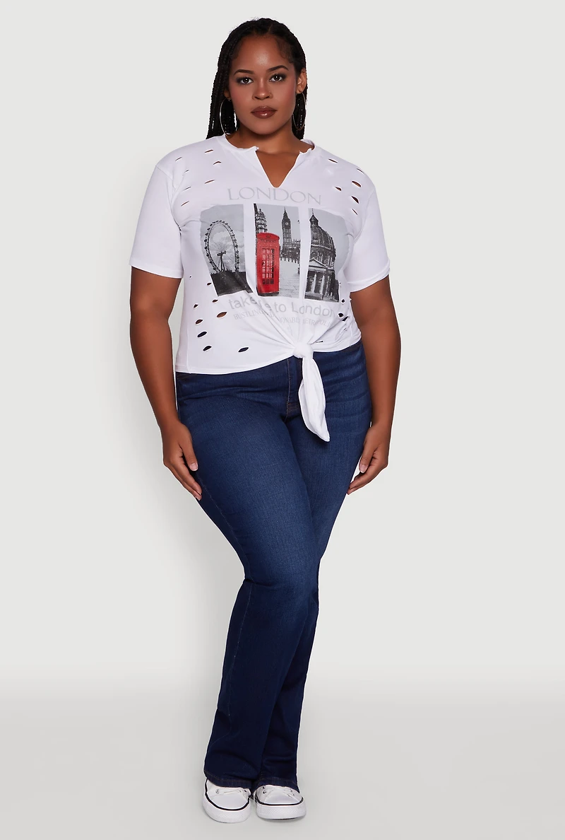 Womens Plus Size London Graphic Print Knot Front T-Shirt, White, Size 1X