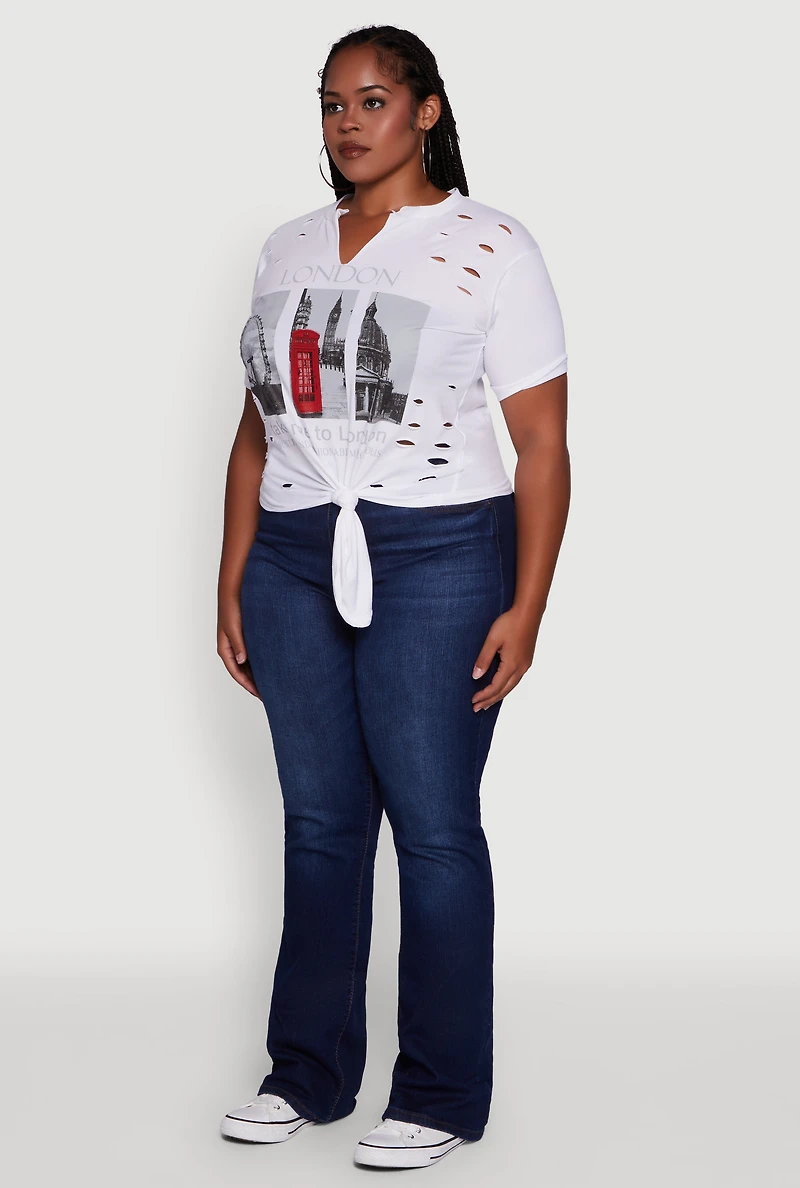Womens Plus Size London Graphic Print Knot Front T-Shirt, White, Size 1X