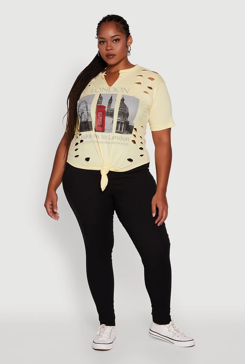 Womens Plus London Graphic Print Knot Front T-Shirt, Yellow,