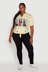 Womens Plus London Graphic Print Knot Front T-Shirt, Yellow,