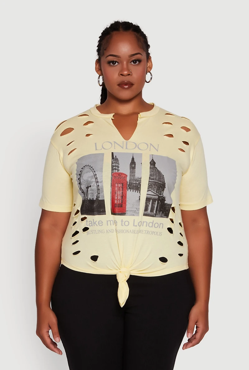 Womens Plus Size London Graphic Print Knot Front T-Shirt, Yellow, Size 1X