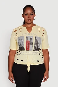 Womens Plus Size London Graphic Print Knot Front T-Shirt, Yellow, Size 3X