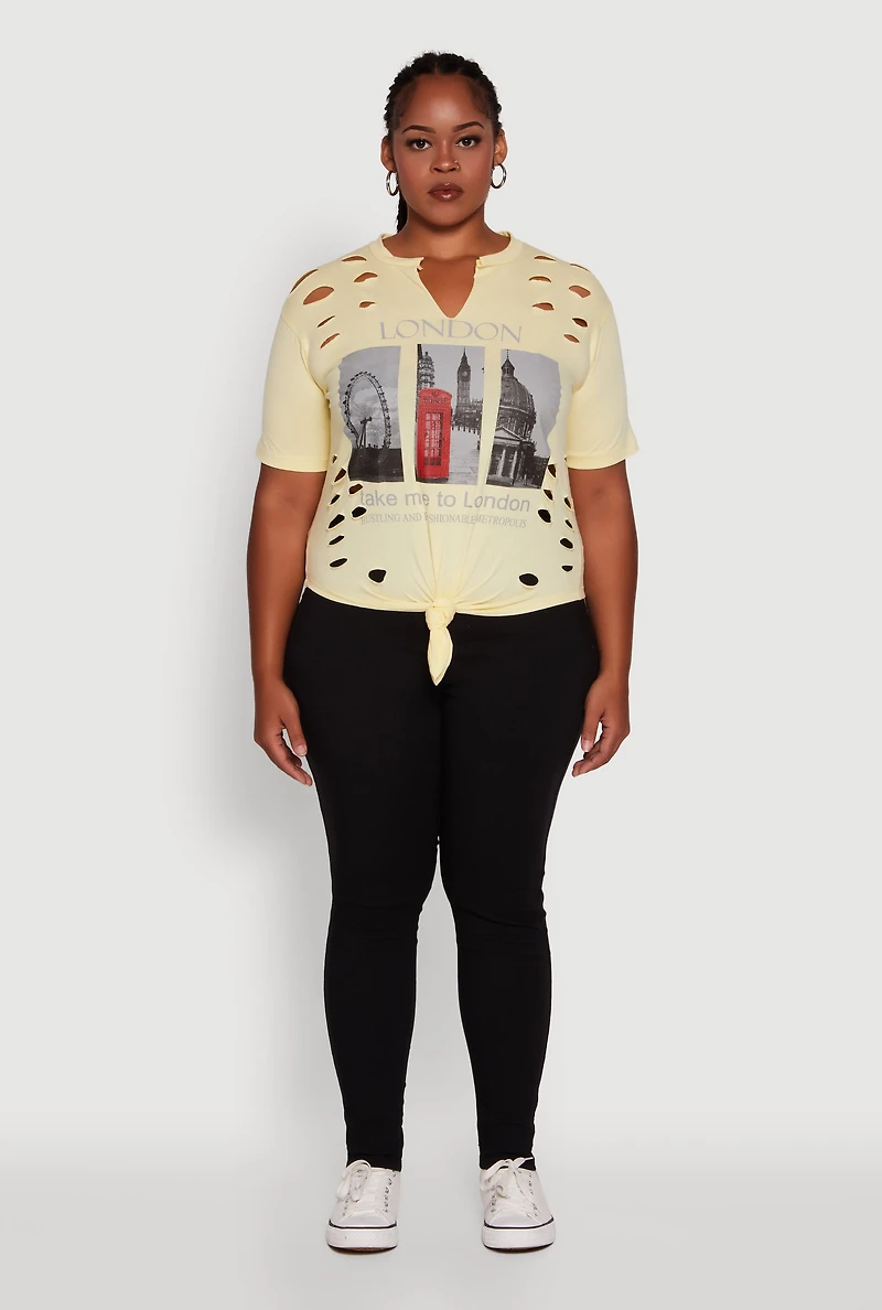 Womens Plus London Graphic Print Knot Front T-Shirt, Yellow,