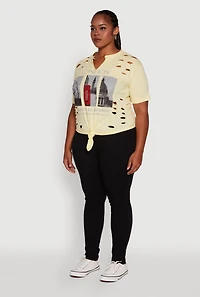 Womens Plus London Graphic Print Knot Front T-Shirt, Yellow,