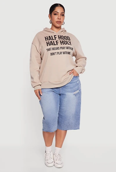 Womens Plus Size Half Hood Half Holy Fleece Pullover Hoodie, Beige, Size 1X