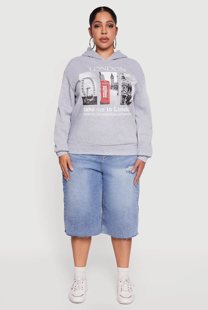 Plus Fleece Lined Hooded London Graphic Sweatshirt