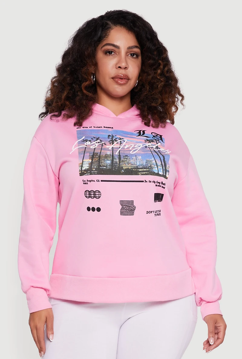 Womens Plus Size Fleece Lined Hooded Los Angeles Graphic Sweatshirt, Pink, Size 3X