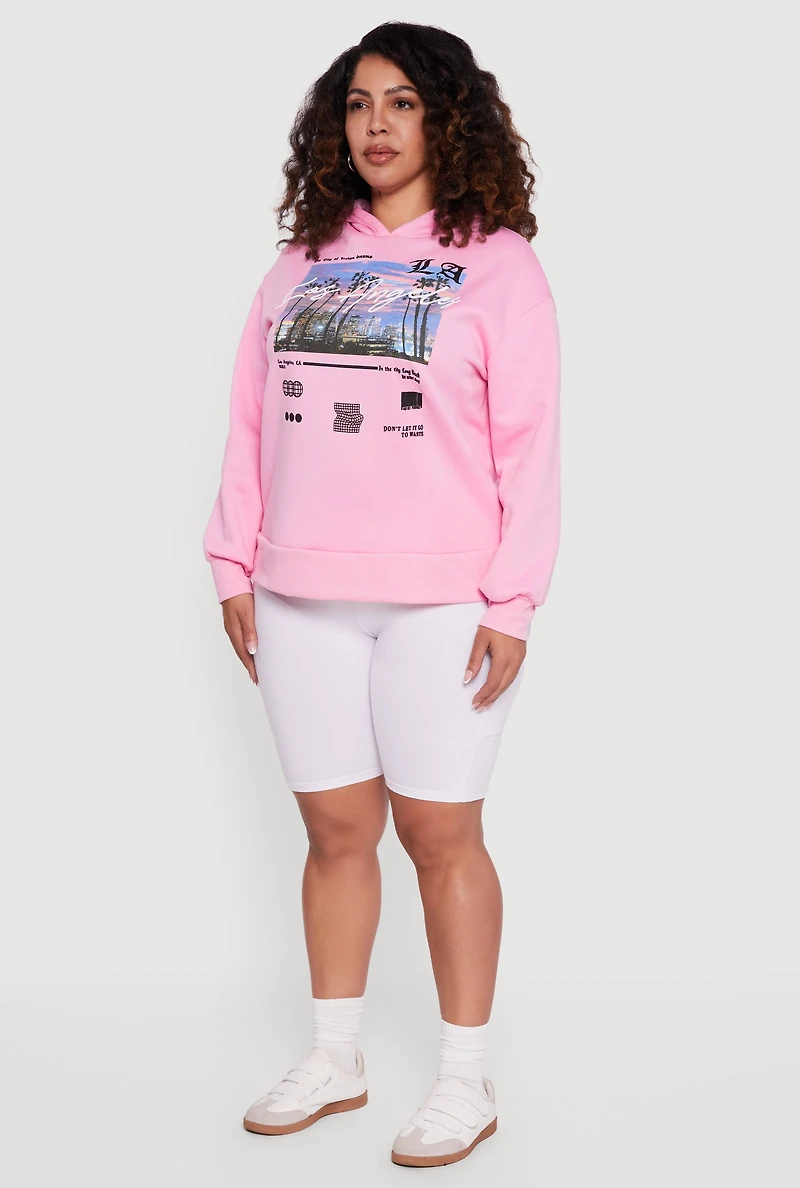 Womens Plus Fleece Lined Hooded Los Angeles Graphic Sweatshirt, Pink,