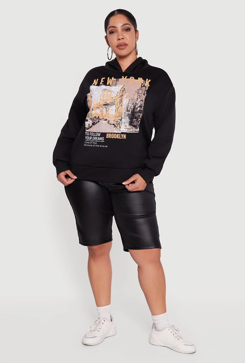 Womens Plus Size New York Follow Your Dreams Graphic Hoodie, Black, Size 2X