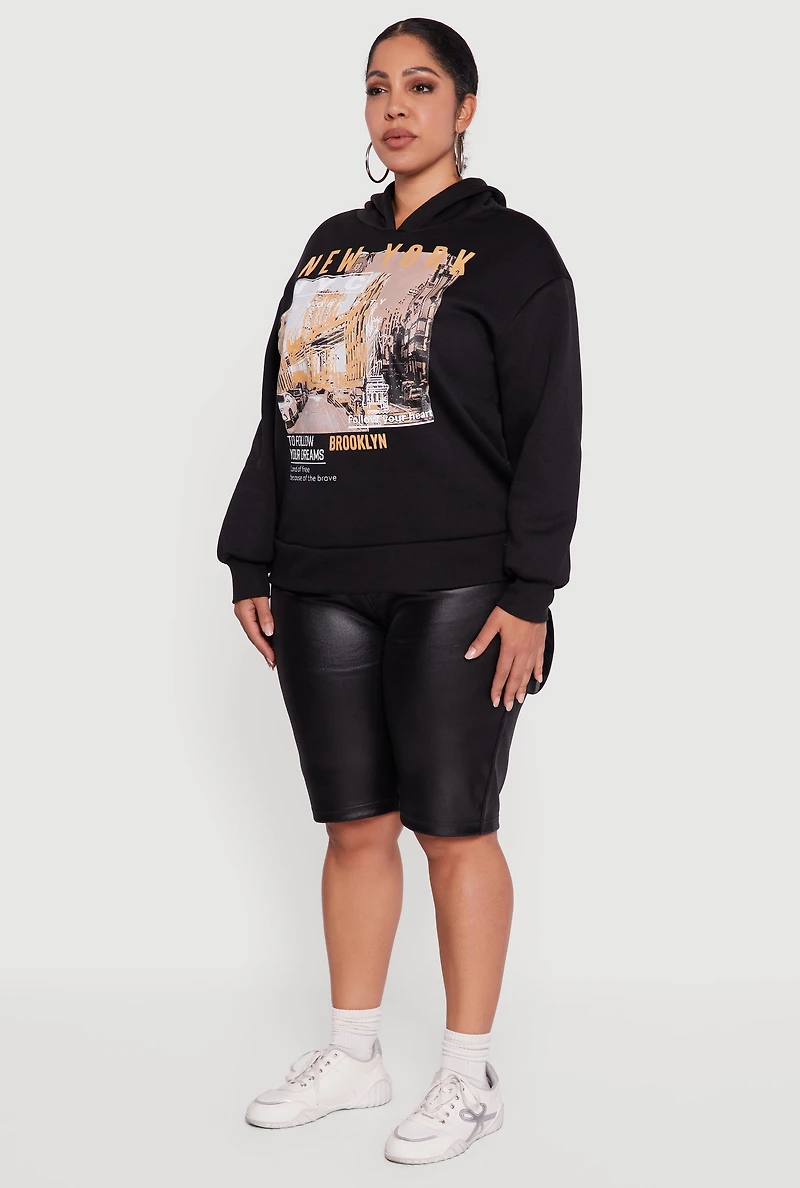 Womens Plus Size New York Follow Your Dreams Graphic Hoodie, Black, Size 2X