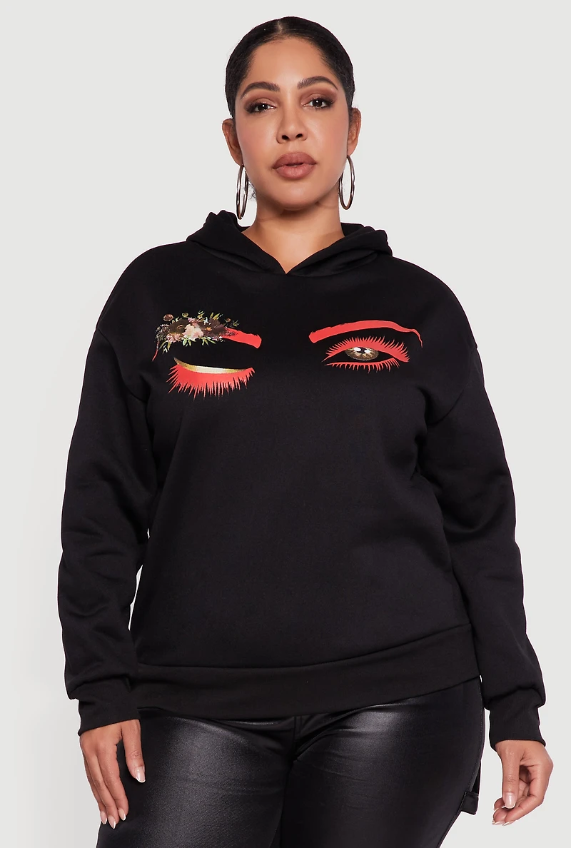 Womens Plus Fleece Pullover Hoodie with Winking Eye Graphic, 2X