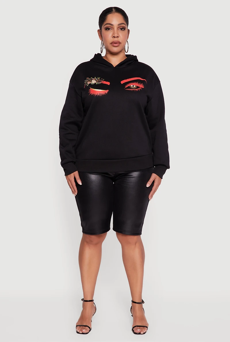 Womens Plus Fleece Pullover Hoodie with Winking Eye Graphic, 2X