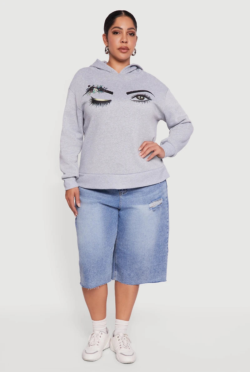 Womens Plus Size Fleece Pullover Hoodie with Winking Eye Graphic, Grey, Size 2X