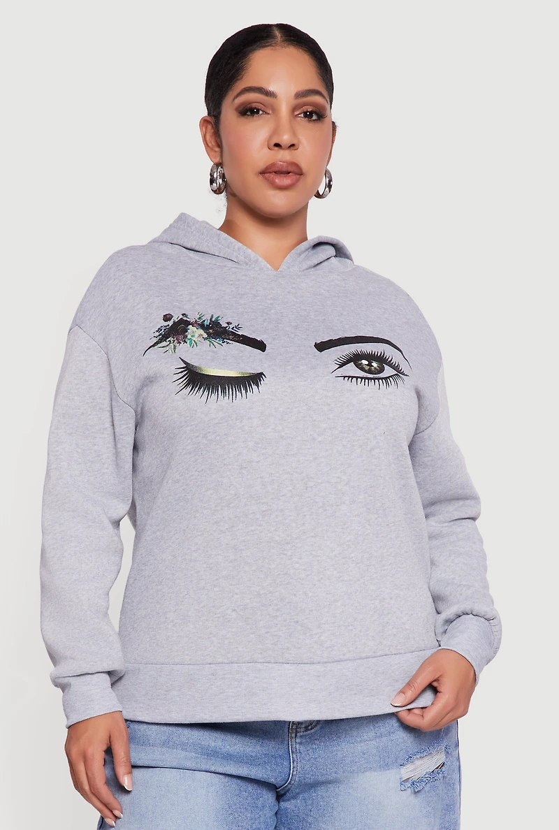 Plus Fleece Pullover Hoodie with Winking Eye Graphic