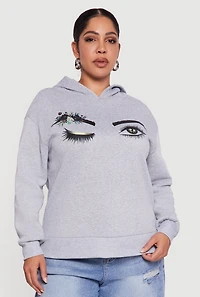 Plus Fleece Pullover Hoodie with Winking Eye Graphic