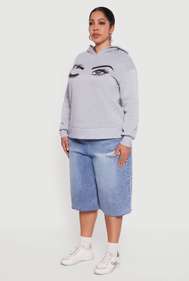 Womens Plus Size Fleece Pullover Hoodie with Winking Eye Graphic, Grey, Size 2X