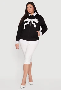 Plus Bow Graphic Lace Trim Hooded Sweatshirt