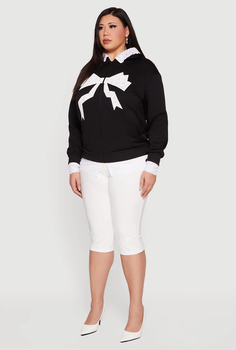 Plus Bow Graphic Lace Trim Hooded Sweatshirt
