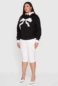 Plus Bow Graphic Lace Trim Hooded Sweatshirt