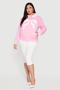 Plus Bow Graphic Lace Trim Hooded Sweatshirt