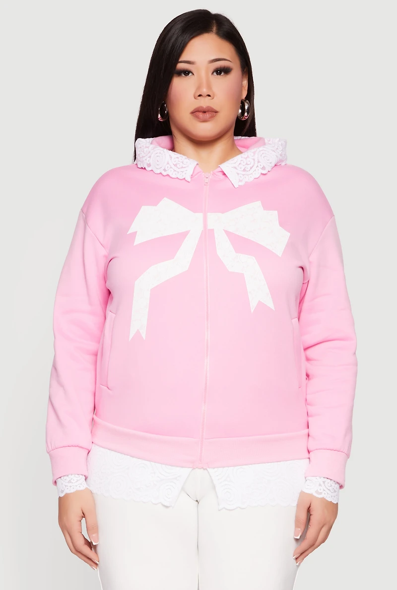 Plus Bow Graphic Lace Trim Hooded Sweatshirt