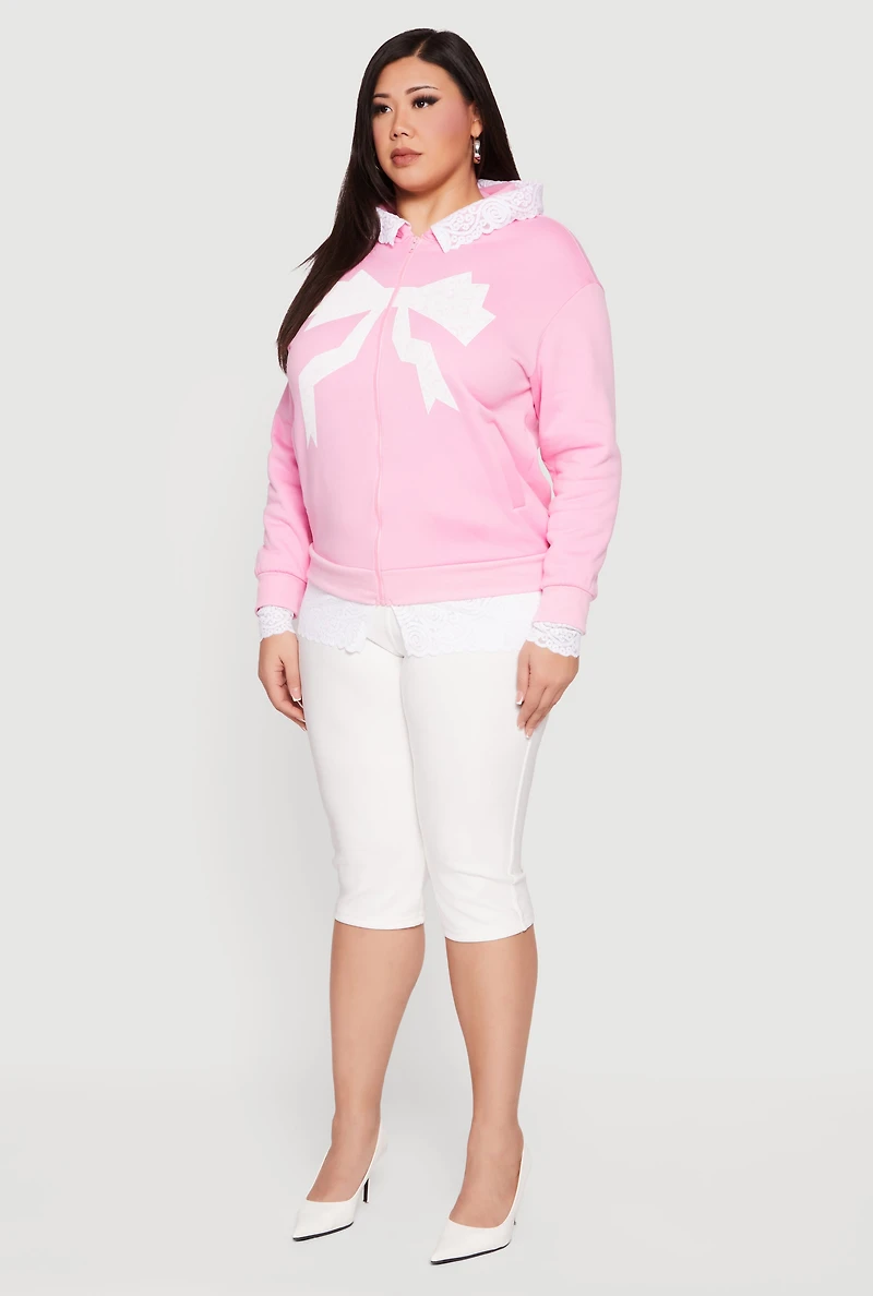 Plus Bow Graphic Lace Trim Hooded Sweatshirt