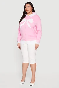 Plus Bow Graphic Lace Trim Hooded Sweatshirt