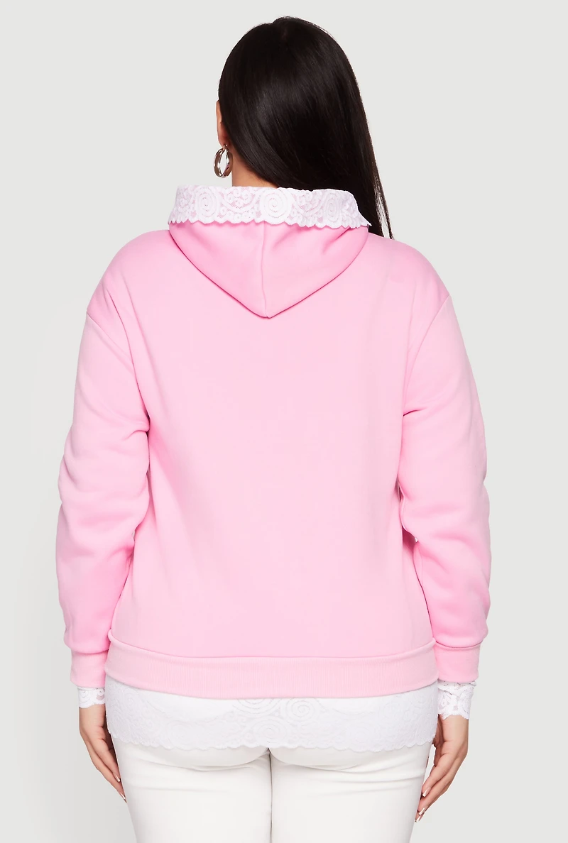 Plus Bow Graphic Lace Trim Hooded Sweatshirt