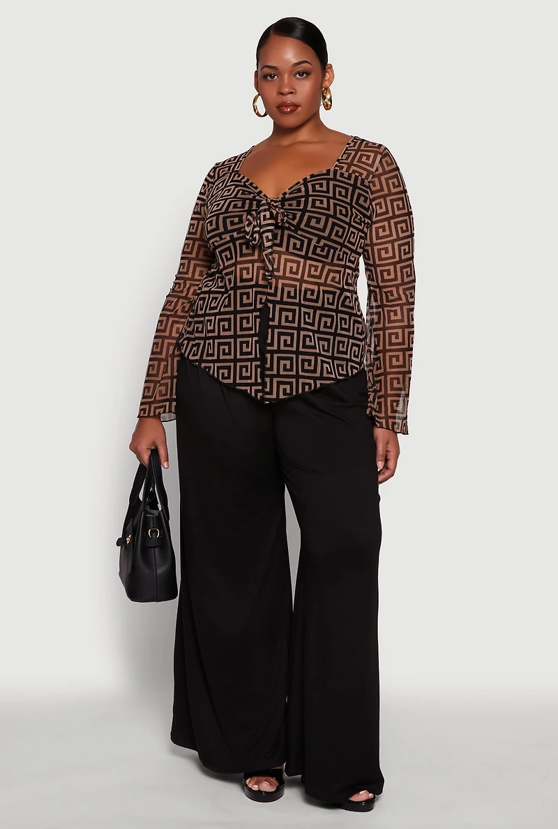 Womens Plus Printed Mesh Long Sleeve Sweetheart Tie Front Top, Brown,