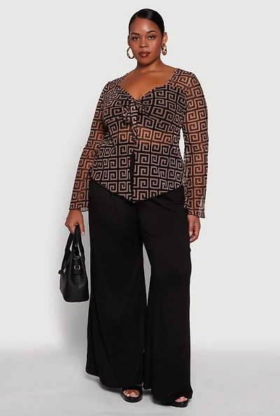 Womens Plus Size Printed Mesh Long Sleeve Sweetheart Tie Front Top, Brown, Size 1X